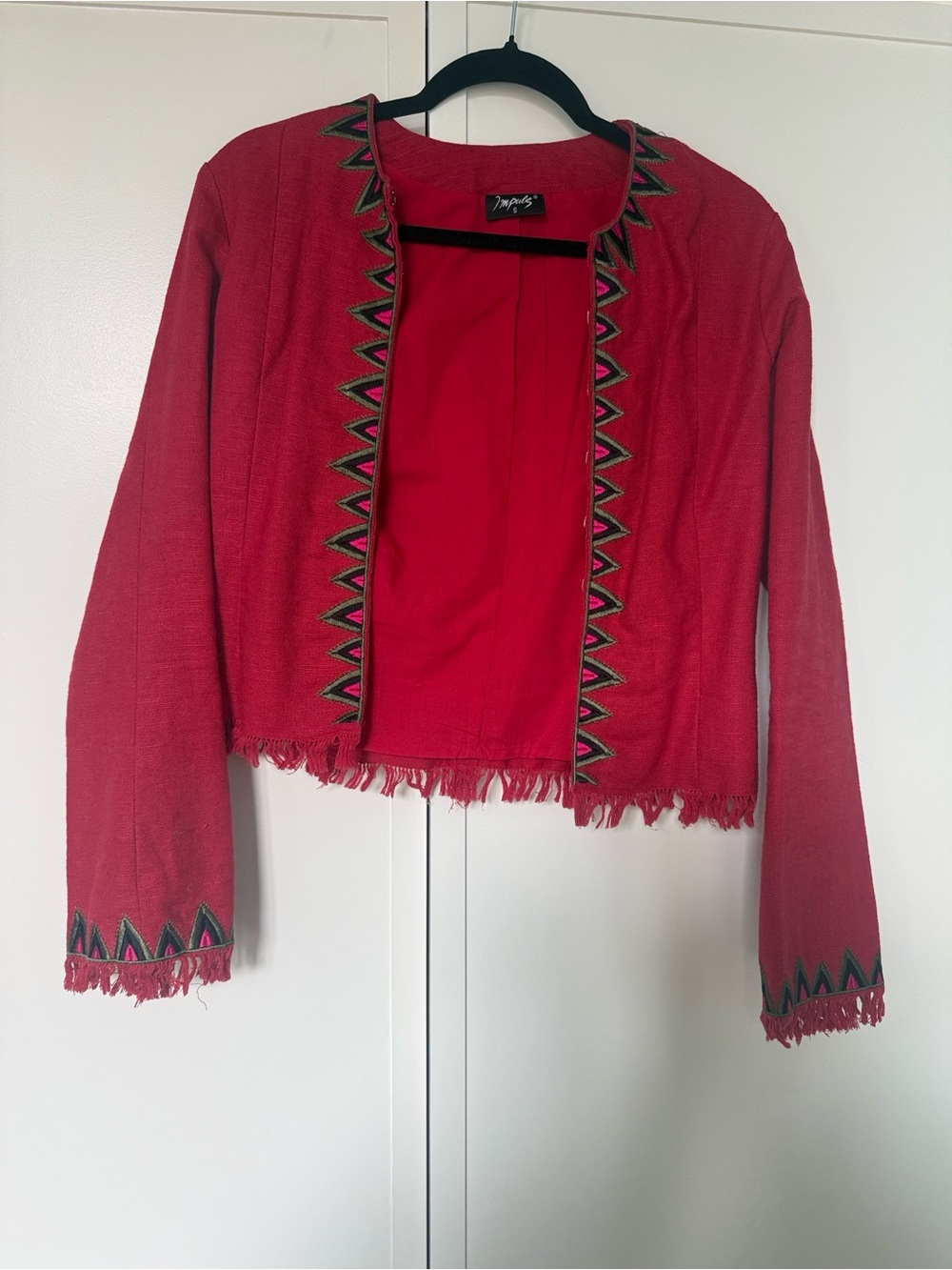 Vintage Bright Red Cropped Fringe Open Jacket with Embroidered Trim
